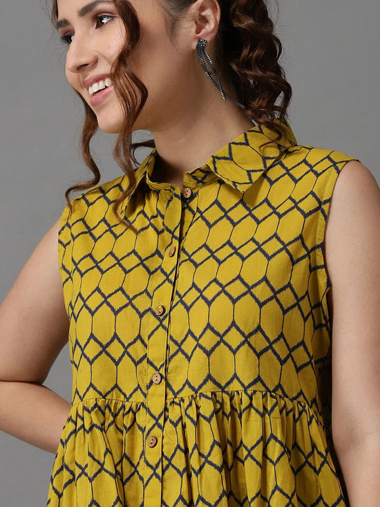 Women's Yellow Printed A-Line Dress-SKF-166-5-Yellow