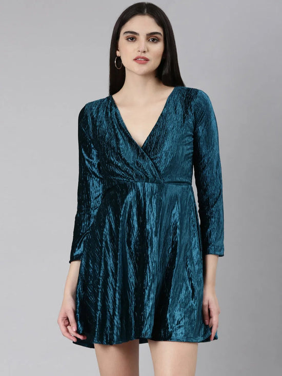 Women Teal Solid Fit and Flare Dress-AE-15943-Teal