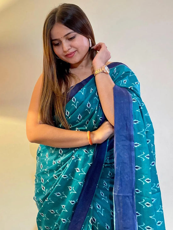 Saree Mall Women's Cotton Blue Printed Designer Saree With Blouse Piece-MINAXI1004