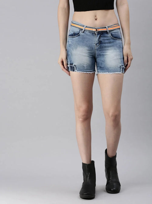 Women's Blue Solid Denim Shorts-LT-7404-Blue