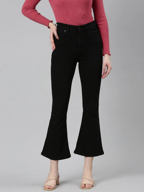 Women Black Solid Bootcut Denim Jeans-GZ-5386-Black