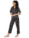 Smarty Pants Women's Silk Satin Black Color Owl Print Night Suit