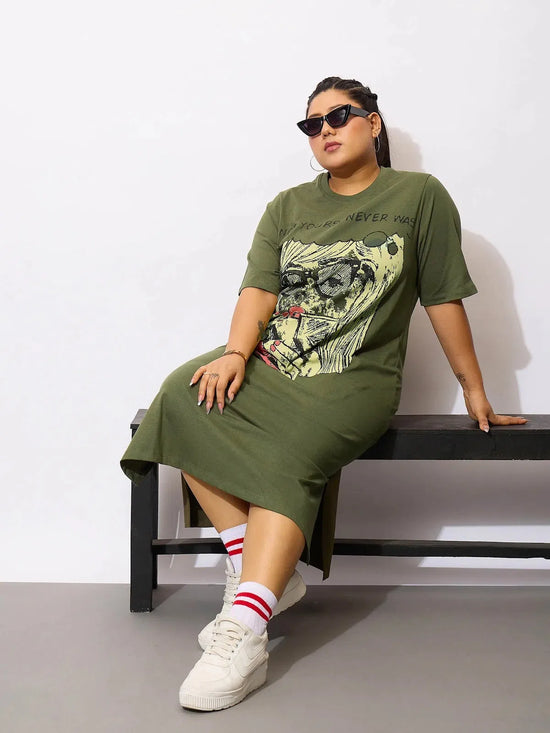 Women Olive Graphic NOT YOURS T Shirt Dress