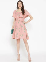 Boat neck Flare yoke with side tie up mini dress in Dusty Pink