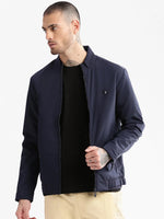 Men Mock Collar Navy Blue Solid Bomber Jacket-ZD-3100-Navyblue