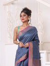 All Over Zari Weaving Grey Cotton Saree With Zari Borders-MA64BCT401380030