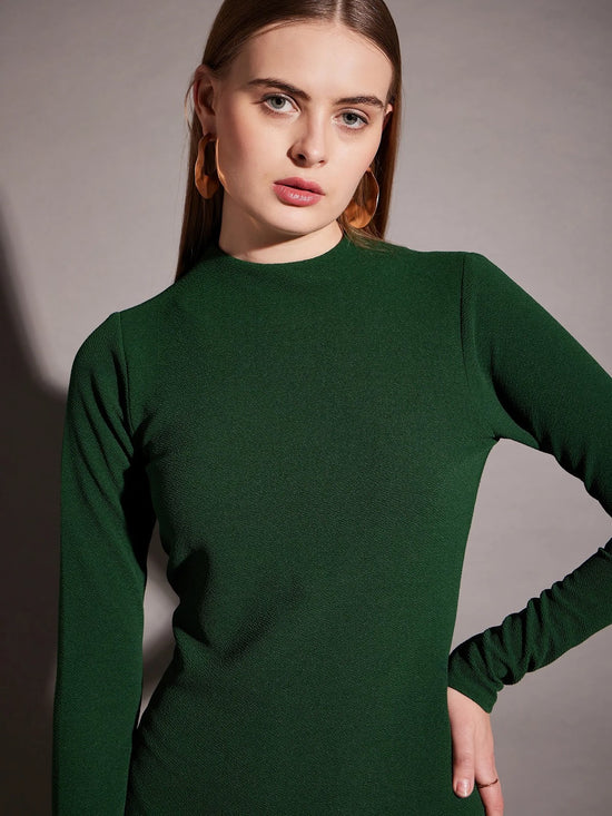 High neck mini dress with frill at bottom in Green Color