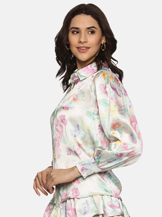 Floral White Satin Shirt-17328