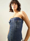 Women Blue Blast Front Pocket Denim Tube Top