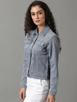 Women's Grey Solid Denim Jacket-LT-JKT-105372-Grey