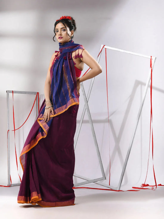 Plum Purple Cotton Saree With Stripes Zari Pallu-MA55CT06520095