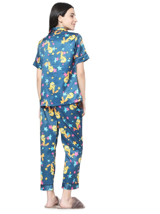 Smarty Pants Women's Silk Satin Teal Blue Tweety Print Night Suit