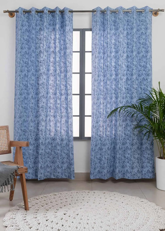 French Farmhouse 100% cotton floral curtain for living room - Room darkening - Blue - Pack of 1-230421033