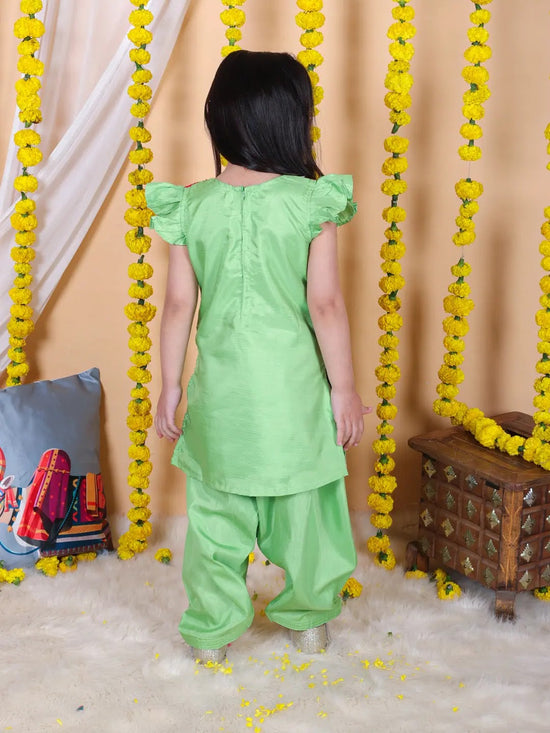 BownBee Girls Jacquard attached Jacket Silk Kurti Salwar Suit - Green