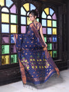 Navy Blue Cotton Saree With Zari Borders-MA64BCT401190047