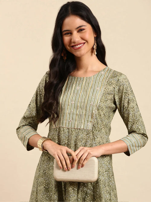 Women's Olive Printed Kurta Set-RF-1648-Olive