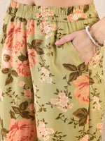 Women Olive Floral Bell Sleeves Shirt With Straight Pants