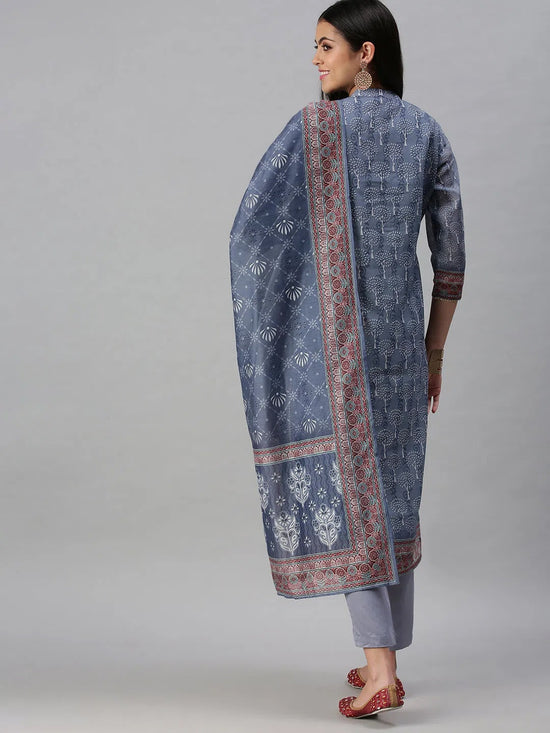 Women's Grey & Blue Printed Kurta Sets-BC1333-Grey