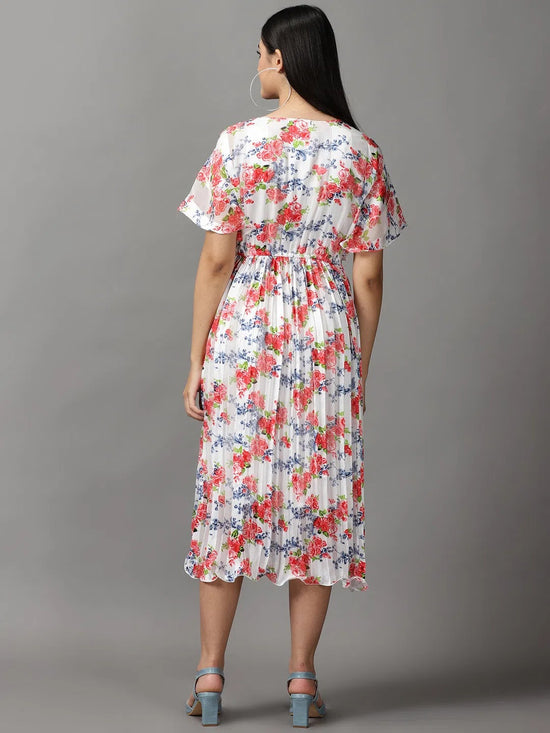 Women's White Floral Fit and Flare Dress-KG-592-Whitered