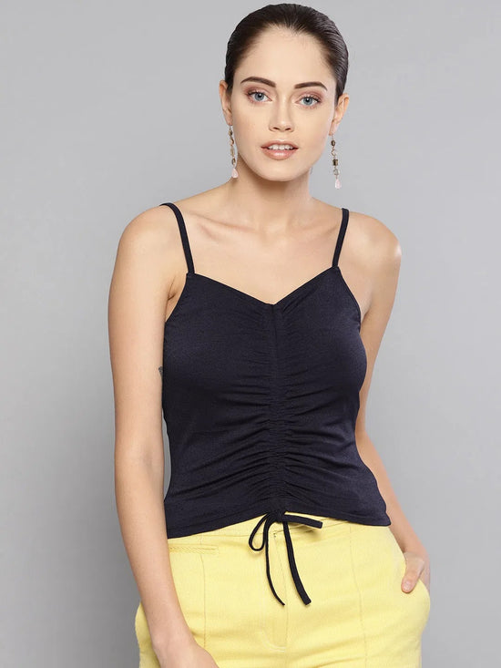 Veni Vidi Vici Navy Rouched Sleeveless Crop Top