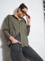 Women Olive Cotton Twill Oversized Shirt