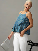 Women's Blue Printed Wrap Top-AE-10470-Teal