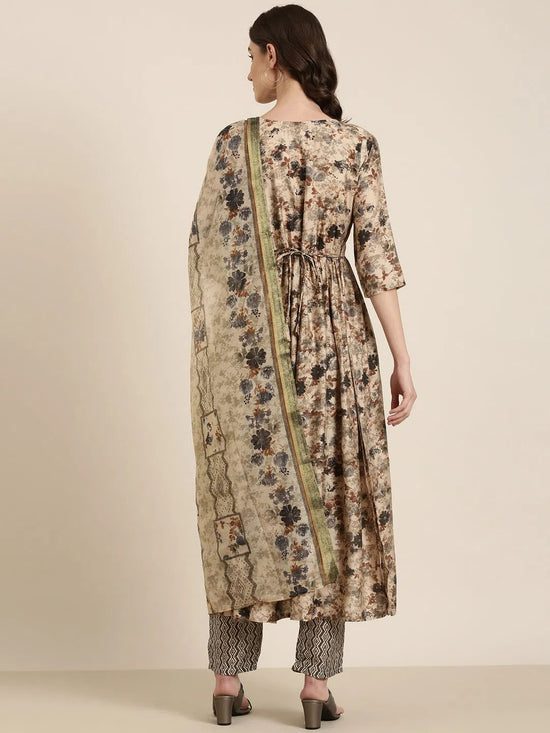 Women Beige Floral Kurta Set-SKC-1214-Beige