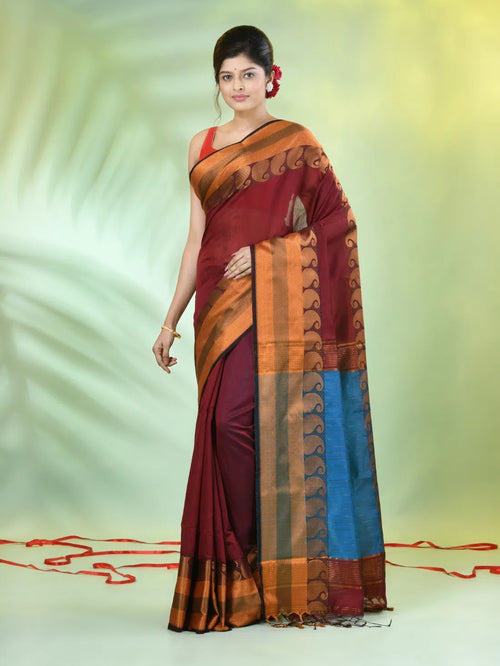 Dark Red Cotton Saree With Zari Borders-MA66BCT43620062