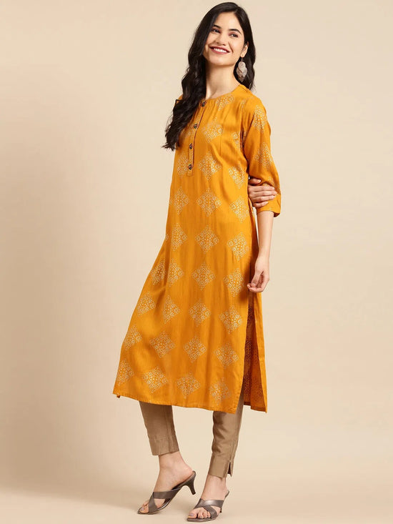 Women's Yellow Printed Straight Kurta-GW-1507-Mustard