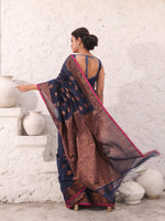 Blue Cotton Saree With Damask Motifs And Zari Border-MA54BCT04940051