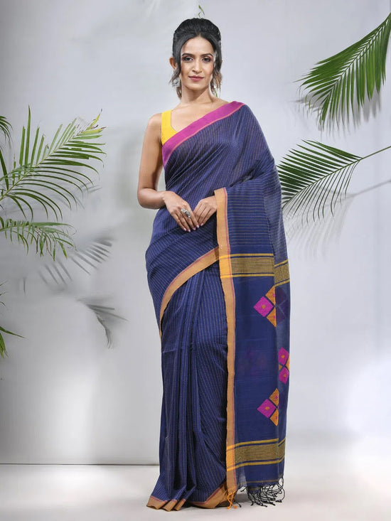 Blue Cotton Saree With Stripes Pattern-MA56CH33880045