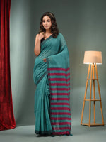 Teal Cotton Blend Handwoven Saree With Stripes Pallu-MA50BCT06550052