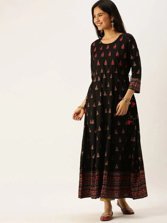 Women's Black Embroidered A-Line Kurtas-FS-2081-Black