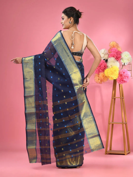 Midnight Blue Pure Cotton Tant Saree With Zari Border-MA51TT43490092