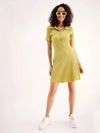 Women Khaki Rib Polo Neck Short Sleeves Skater Dress