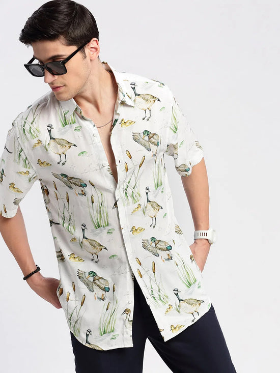 Men Spread Collar Animal Off White Casual Shirt-ZEPTO-2223-Offwhite