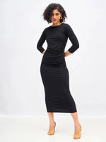 Women Black Waist Ruched Bodycon Maxi Dress