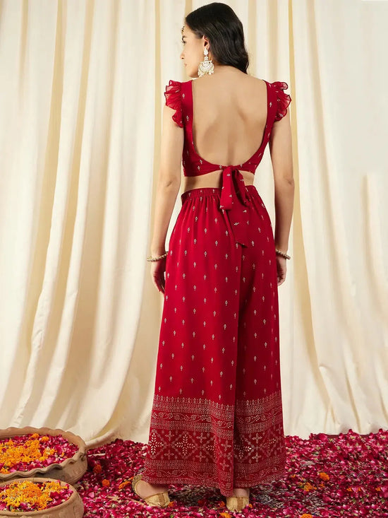 Crop Top with Back Tie and Palazzo in Maroon Color