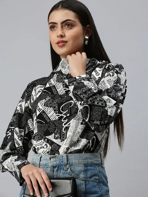 Women's Printed Black Top-AE-7025-Blackwhite