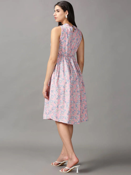 Women's Pink Printed A-Line Dress-AE-15709-Pink