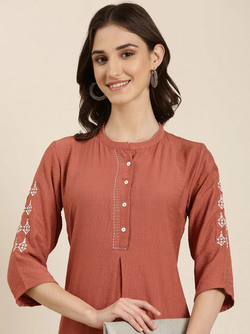 Women Pink Solid Straight Kurta-SKC-1577-Rust