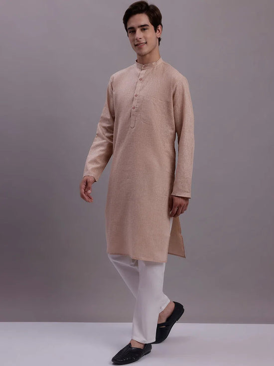 Men's Solid Pure Cotton Kurta With Pyjamas-JOKP-697Beige