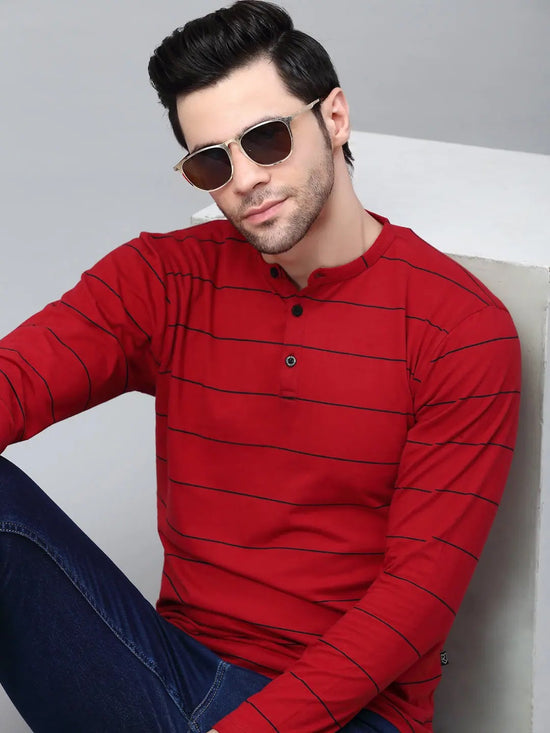 Rigo Striped Henley Neck Full Sleeve T-Shirt-HT07221142-L