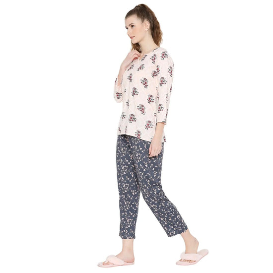 Smarty Pants Women's Cotton Pink & Grey Color Floral Print Night Suit