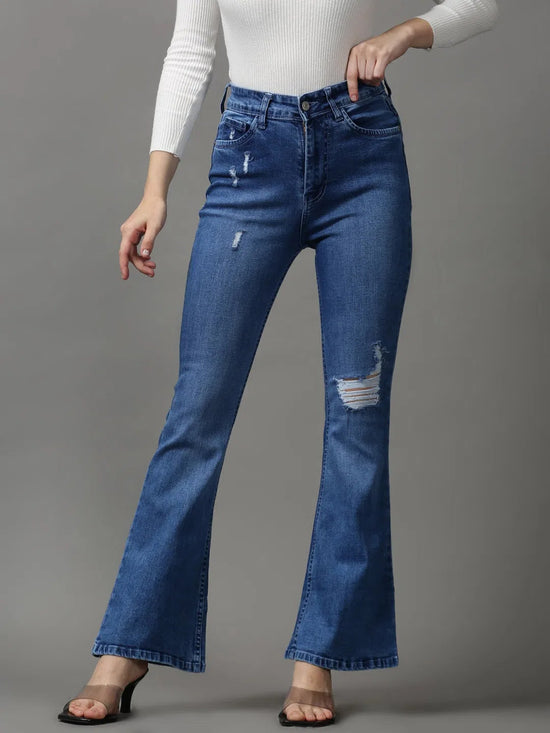 Women's Blue Solid Bootcut Denim Jeans-GZ-5338-2-Blue