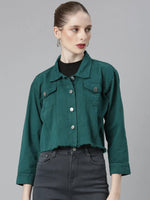 Women Teal Solid Denim Jacket-AE-0001-Teal