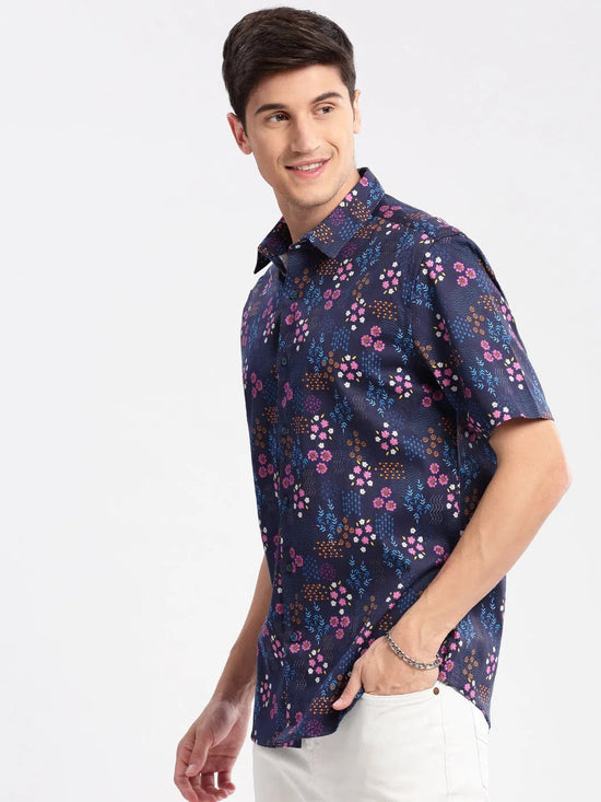 Men Spread Collar Floral Navy Blue Casual Shirt-REVERIE-2112-Navyblue