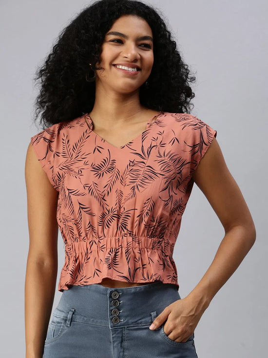 Women's Brown Tropical Top-AE-10212-Brownnavyblue