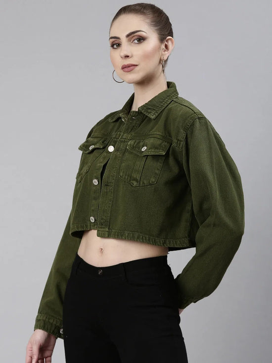 Women Green Solid Denim Jacket-GZ-5600-Green