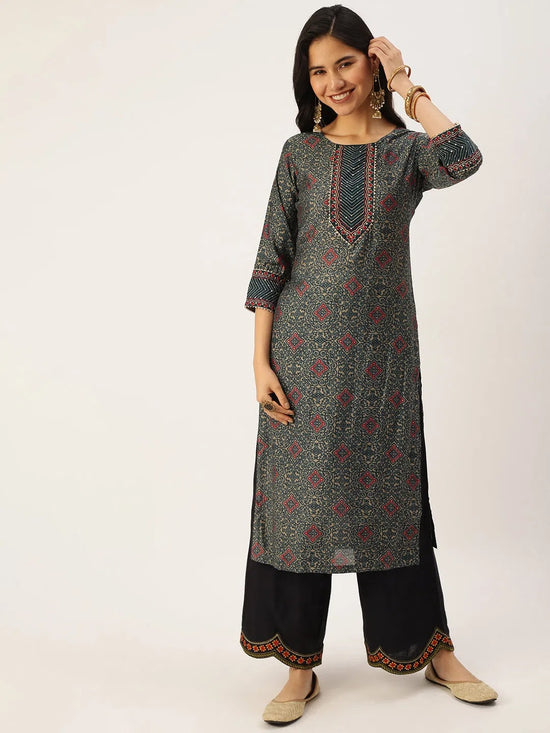 Women's Green Printed Straight Kurtas-AT-A424-K-Green